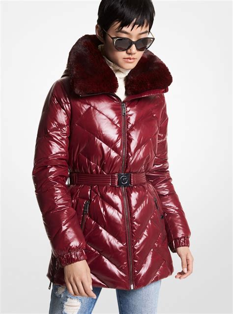 faux fur trim belted puffer jacket michael kors